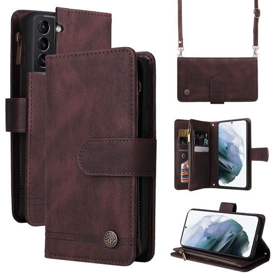 Feishell for Samsung Galaxy S21+ 5G 6.7 inch Zipper Wallet Case with Wrist Strap & Shoulder Strap,Premium PU Leather Magnetic Clasp Flip Holder Card Slots Crossbody Phone Case for Women Men,Brown