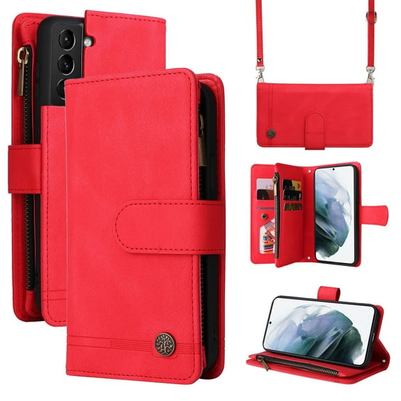 Feishell for Samsung Galaxy S21+ 5G 6.7 inch Zipper Wallet Case with Wrist Strap & Shoulder Strap,Premium PU Leather Magnetic Clasp Flip Holder Card Slots Crossbody Phone Case for Women Men,Red