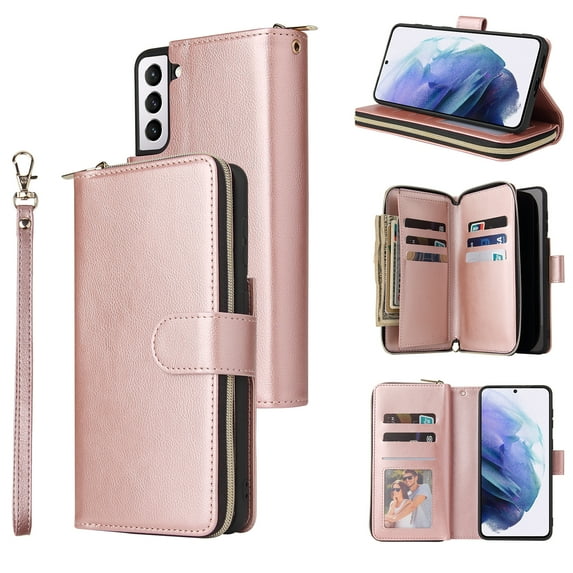 Feishell for Samsung Galaxy S21 (6.2 inch) Wallet Case for Women Men,Premium PU Leather Magnetic Clasp Zipper 9 Card Slots Folio Flip Holder Shockproof Purse Phone Case with Wrist Strap,Rosegold