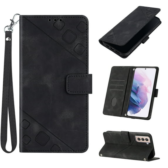 Feishell for Samsung Galaxy S21+ 6.7 inch Wallet Case with Wrist Strap,Flip Cover with Embossed Pattern PU Leather Kickstand Credit Card Slots Magnetic Clasp Folio Purse Phone Case,Black