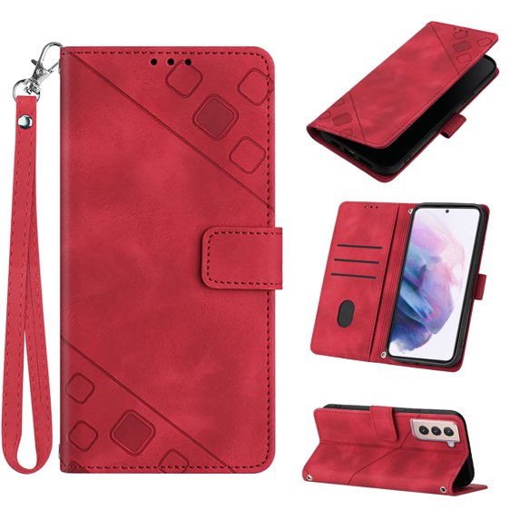 Feishell for Samsung Galaxy S21+ 6.7 inch Wallet Case with Wrist Strap,Flip Cover with Embossed Pattern PU Leather Kickstand Credit Card Slots Magnetic Clasp Folio Purse Phone Case,Red