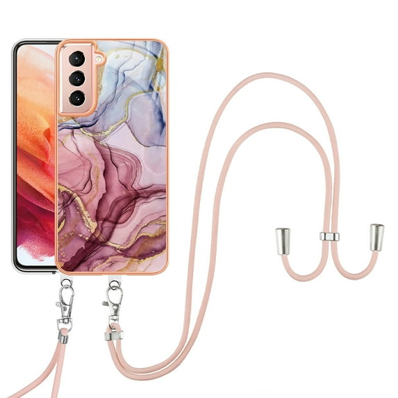 Feishell for Samsung Galaxy S21 Case with Detachable Crossbody Strap, Fashion Marble Pattern Glossy Cover for Women Girls, Slim Fit Anti-Scratch Phone Case for Samsung Galaxy S21,Rose-carmine
