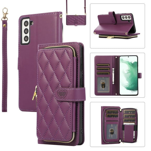 Feishell for Samsung Galaxy S21+ Crossbody Zipper Wallet Case,for Women Men,Premium PU Leather Shockproof Magnetic Clasp Card Slots Kickstand Phone Case with Shoulder & Wrist Strap,Darkpurple