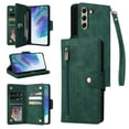 thumbnail image 1 of Feishell for Samsung Galaxy S21 FE 5G Wallet Case with Wrist Strap,Premium PU Leather Zipper Pocket Magnetic Buckle Folio Flip ID Credit Card Slots Shockproof Kickstand Phone Case for Women Men,Green, 1 of 15
