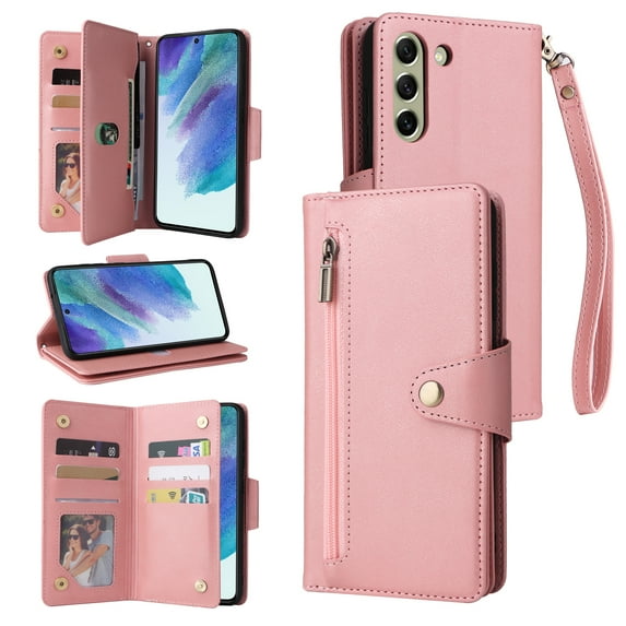 Feishell for Samsung Galaxy S21 FE 5G Wallet Case with Wrist Strap,Premium PU Leather Zipper Pocket Magnetic Buckle Folio Flip ID Credit Card Slots Shockproof Kickstand Phone Case for Women M,Rosegold