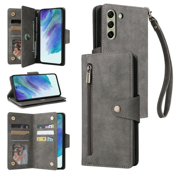 Feishell for Samsung Galaxy S21 FE 5G Wallet Case with Wrist Strap,Premium PU Leather Zipper Pocket Magnetic Buckle Folio Flip ID Credit Card Slots Shockproof Kickstand Phone Case for Women Men,Gray
