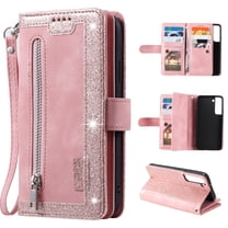 Feishell for Samsung Galaxy S21 FE 5G Wallet Case with Wrist Strap,for Women Men,Luxury PU Leather Zipper Pocket Magnetic Clasp Folio Flip Holder ID Credit Card Slots Shockproof Phone Cover,Rosegold
