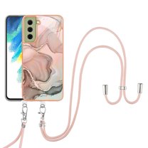 Feishell for Samsung Galaxy S21 FE Case with Detachable Crossbody Strap, Fashion Marble Pattern Glossy Cover for Women Girls, Slim Fit Anti-Scratch Phone Case for Samsung Galaxy S21 FE,Rosegold