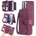 thumbnail image 1 of Feishell for Samsung Galaxy S21 Multi-Function Wallet Case, with Wrist Strap, Premium PU Leather 2 in 1 Magnetic Detachable Purse 14 Card Holder Slots Zipper Pocket Phone Case for Women Men,Winered, 1 of 8