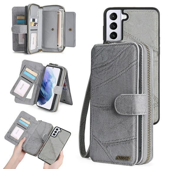 Feishell for Samsung Galaxy S21 Plus Multi-Function Wallet Case, with Wrist Strap, Premium PU Leather 2 in 1 Magnetic Detachable Purse 14 Card Holder Slots Zipper Pocket Phone Case for Women Men,Gray