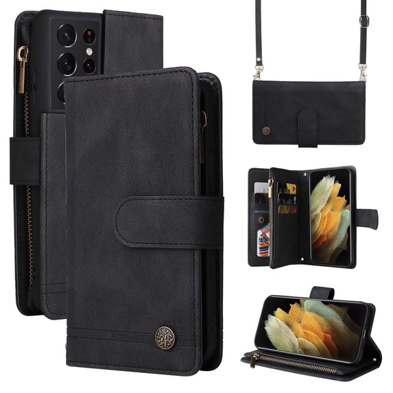 Feishell for Samsung Galaxy S21 Ultra 6.8 inch Zipper Wallet Case with Wrist Strap & Shoulder Strap,Premium PU Leather Magnetic Clasp Flip Holder Card Slots Crossbody Phone Case for Women Men,Black