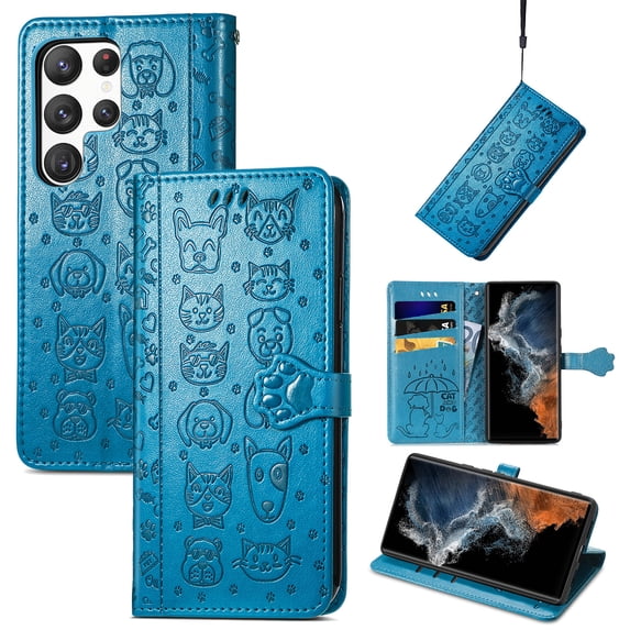 Feishell for Samsung Galaxy S21 Ultra Cartoon Cute Wallet Case, Cat Dog Style Flip with ID Card Holder Premium PU Leather Cases with Wrist Strap, Magnetic Closure Folio Kickstand Phone Cover, Blue