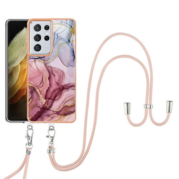 Feishell for Samsung Galaxy S21 Ultra Case with Detachable Crossbody Strap, Fashion Marble Pattern Glossy Cover for Women Girls, Slim Anti-Scratch Phone Case for Samsung Galaxy S21 Ultra,Rose-carmine