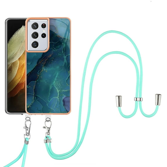 Feishell for Samsung Galaxy S21 Ultra Case with Detachable Crossbody Strap, Fashion Marble Pattern Glossy Cover for Women Girls, Slim Fit Anti-Scratch Phone Case for Samsung Galaxy S21 Ultra,Green