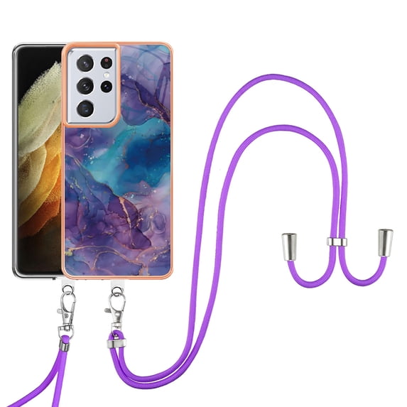 Feishell for Samsung Galaxy S21 Ultra Case with Detachable Crossbody Strap, Fashion Marble Pattern Glossy Cover for Women Girls, Slim Fit Anti-Scratch Phone Case for Samsung Galaxy S21 Ultra,Purple