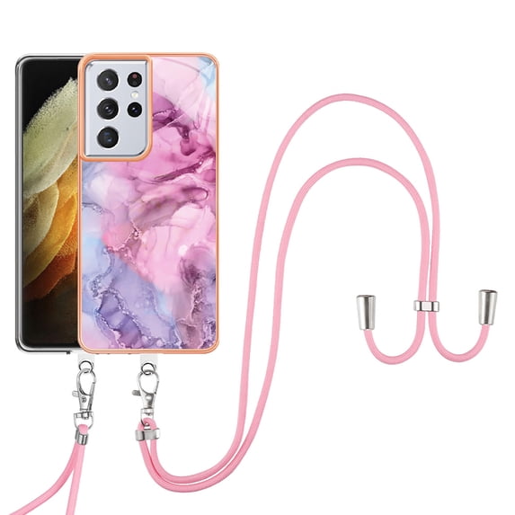 Feishell for Samsung Galaxy S21 Ultra Case with Detachable Crossbody Strap, Fashion Marble Pattern Glossy Cover for Women Girls, Slim Fit Anti-Scratch Phone Case for Samsung Galaxy S21 Ultra,Pink