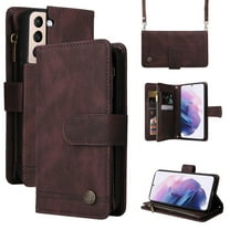 Feishell for Samsung Galaxy S22 5G 6.1 inch Zipper Wallet Case with Wrist Strap & Shoulder Strap,Premium PU Leather Magnetic Clasp Flip Holder Card Slots Crossbody Phone Case for Women Men,Brown