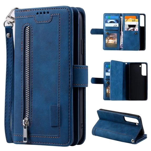 Feishell for Samsung Galaxy S22+ 5G Wallet Case with Wrist Strap,for Women Men,Luxury PU Leather Zipper Pocket Magnetic Clasp Folio Flip Holder ID Credit Card Slots Shockproof Phone Cover,Darkblue