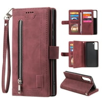 Feishell for Samsung Galaxy S22  5G Wallet Case with Wrist Strap,for Women Men,Luxury PU Leather Zipper Pocket Magnetic Clasp Folio Flip Holder ID Credit Card Slots Shockproof Phone Cover,Winered
