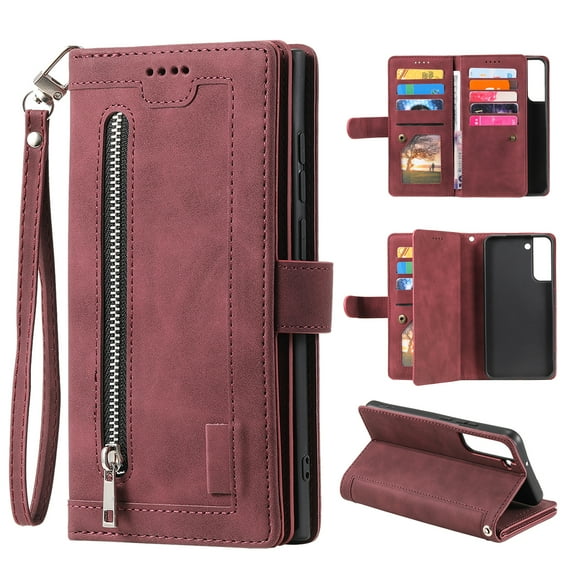 Feishell for Samsung Galaxy S22+ 5G Wallet Case with Wrist Strap,for Women Men,Luxury PU Leather Zipper Pocket Magnetic Clasp Folio Flip Holder ID Credit Card Slots Shockproof Phone Cover,Winered