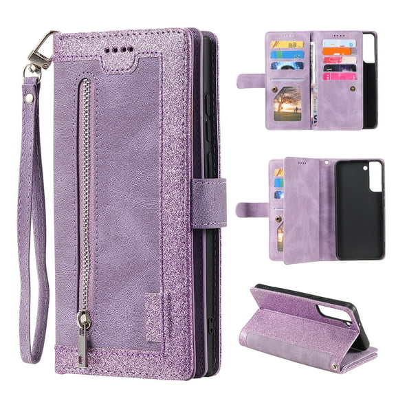 Feishell for Samsung Galaxy S22 5G Wallet Case with Wrist Strap,for Women Men,Luxury PU Leather Zipper Pocket Magnetic Clasp Folio Flip Holder ID Credit Card Slots Shockproof Phone Cover,Purple