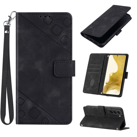 Feishell for Samsung Galaxy S22 6.1 inch Wallet Case with Wrist Strap,Flip Cover with Embossed Pattern PU Leather Kickstand Credit Card Slots Magnetic Clasp Folio Purse Phone Case,Black