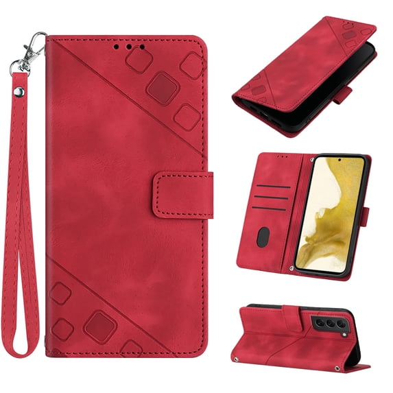 Feishell for Samsung Galaxy S22 6.1 inch Wallet Case with Wrist Strap,Flip Cover with Embossed Pattern PU Leather Kickstand Credit Card Slots Magnetic Clasp Folio Purse Phone Case,Red