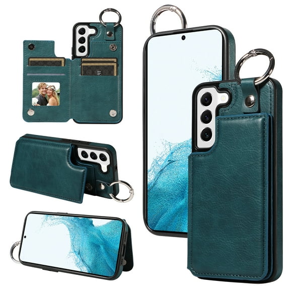 Feishell for Samsung Galaxy S22 Back Flip Wallet Case with ID Credit Card Slots & Metal Ring, Premium PU Leather Shockproof Magnetic Buckle Flip Kickstand Phone Case for Women Men,Green