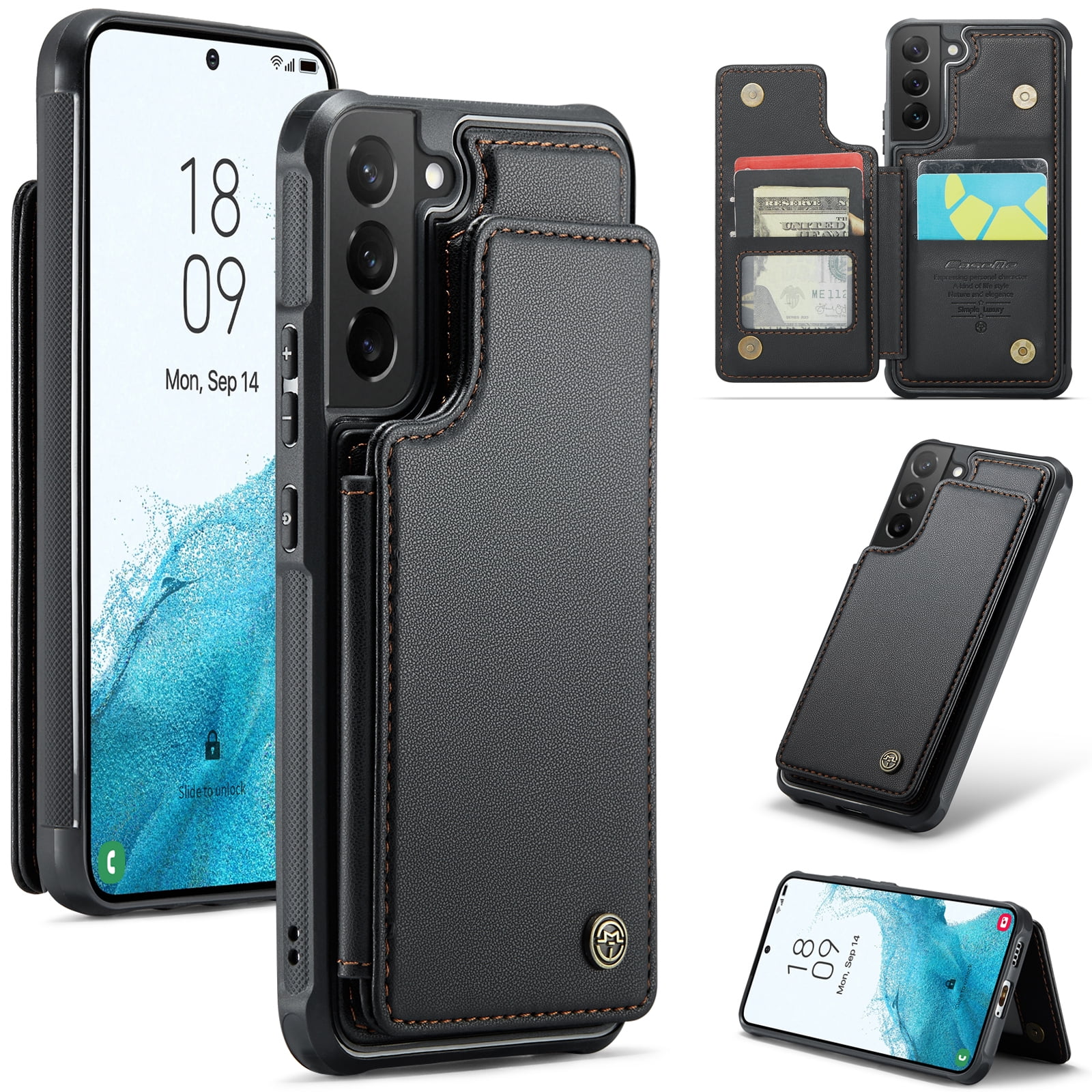 Feishell for Samsung Galaxy S22 Case with Card Holder, Wallet Case for Women Men with RFID Blocking, Durable PU Leather Kickstand Magnetic Clasp Shockproof Phone Case,Black