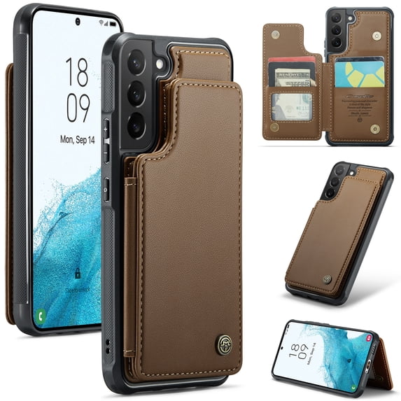 Feishell for Samsung Galaxy S22 Case with Card Holder, Wallet Case for Women Men with RFID Blocking, Durable PU Leather Kickstand Magnetic Clasp Shockproof Phone Case,Brown