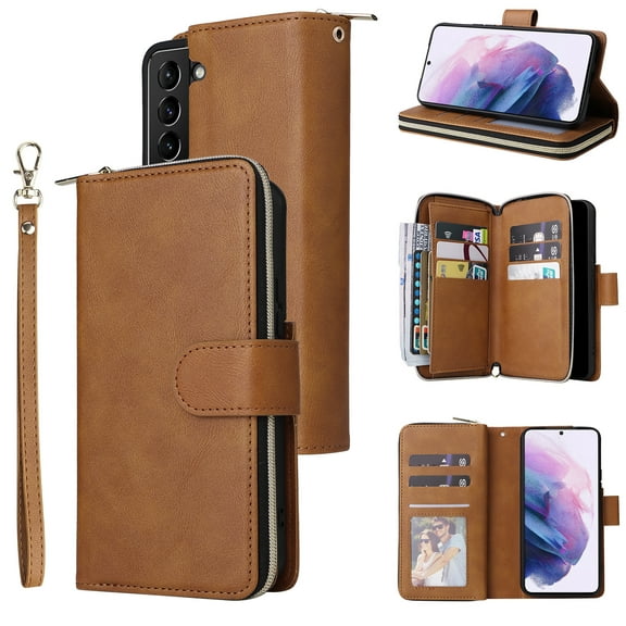 Feishell for Samsung Galaxy S22 Plus (6.6 inch) Wallet Case for Women Men,Premium PU Leather Magnetic Clasp Zipper 9 Card Slots Folio Flip Holder Shockproof Purse Phone Case with Wrist Strap,Brown