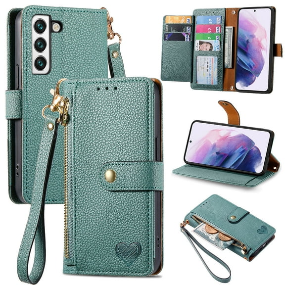 Feishell for Samsung Galaxy S22 Plus Case,RFID Blocking Wallet Case for Women Men,Premium PU Leather Credit Card Holder Zipper Pocket Magnetic Buckle Flip Kickstand Phone Case with Wrist Strap,Green
