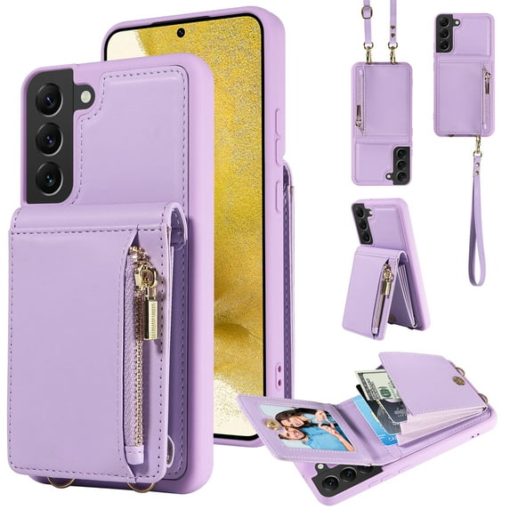 Feishell for Samsung Galaxy S22 Plus Crossbody Wallet Phone Case with Hand Strap & Shoulder Strap,Premium PU Leather RFID Blocking Card Slots Zipper Pocket Back Purse Kickstand Phone Case,Purple