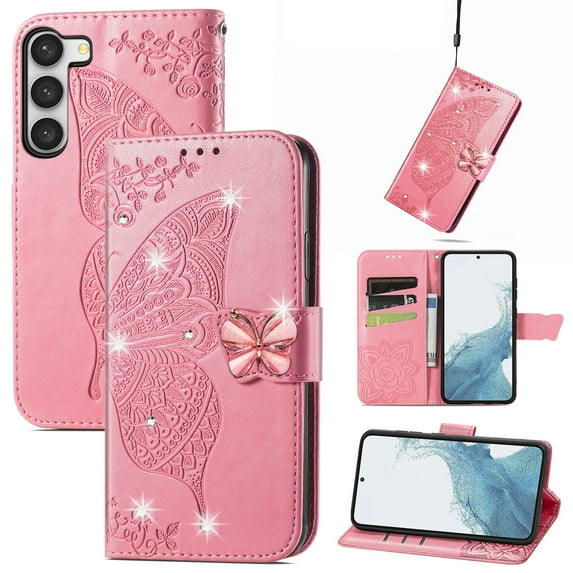 Feishell for Samsung Galaxy S22 Plus Wallet Case for Women Girls,Bling Diamond Butterfly Embossed PU Leather Magnetic Clasp Flip Kickstand ID Credit Card Slots Phone Case with Wrist Strap,Pink