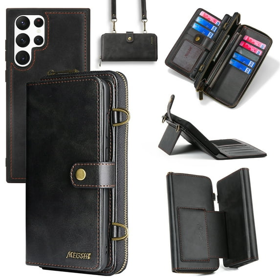Feishell for Samsung Galaxy S22 Ultra 5G Crossbody Wallet Case,PU Leather Lager Capacity Detachable Cover Magnetic Buckle Card Slots Zipper Pocket Stand Phone Case with Adjustable Shoulder Strap,Black
