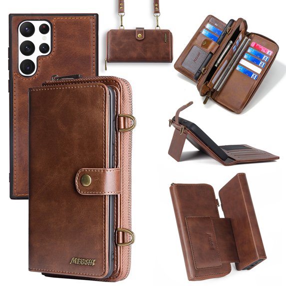 Feishell for Samsung Galaxy S22 Ultra 5G Crossbody Wallet Case,PU Leather Lager Capacity Detachable Cover Magnetic Buckle Card Slots Zipper Pocket Stand Phone Case with Adjustable Shoulder Strap,Brown