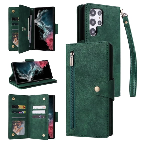 Feishell for Samsung Galaxy S22 Ultra 5G Wallet Case with Wrist Strap,Premium PU Leather Zipper Pocket Magnetic Buckle Flip ID Credit Card Slots Shockproof Kickstand Phone Case for Women Men,Green