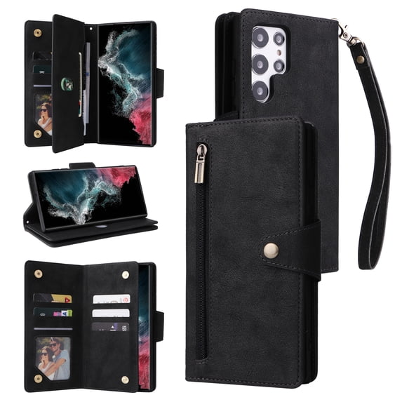 Feishell for Samsung Galaxy S22 Ultra 5G Wallet Case with Wrist Strap,Premium PU Leather Zipper Pocket Magnetic Buckle Flip ID Credit Card Slots Shockproof Kickstand Phone Case for Women Men,Black