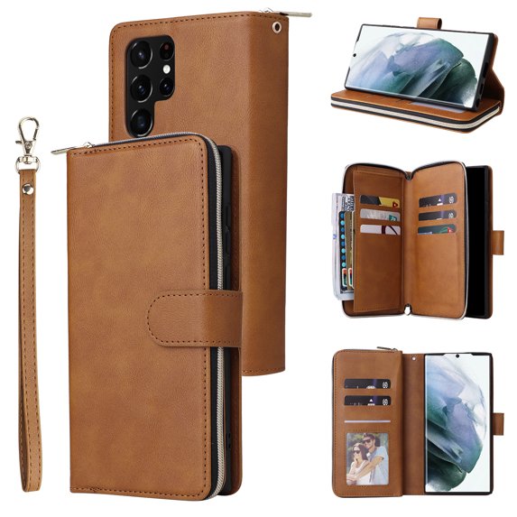 Feishell for Samsung Galaxy S22 Ultra (6.8 inch) Wallet Case for Women Men,Premium PU Leather Magnetic Clasp Zipper 9 Card Slots Folio Flip Holder Shockproof Phone Case with Wrist Strap,Brown