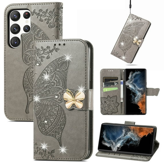 Feishell for Samsung Galaxy S22 Ultra Wallet Case for Women Girls,Bling Diamond Butterfly Embossed PU Leather Magnetic Clasp Flip Kickstand ID Credit Card Slots Phone Case with Wrist Strap,Gray