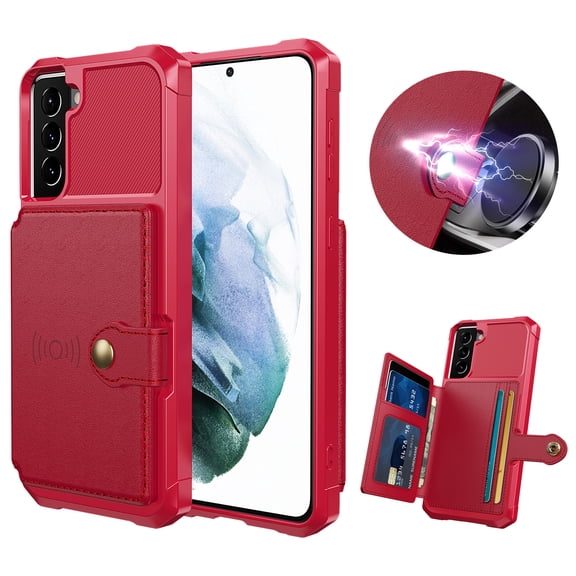 Feishell for Samsung Galaxy S22 Wallet Case, with ID&Credit Card Holder Slots Pockets Wallet Back Cover Stand Flip Folio Leather Magnetic Absorption Cover For Samsung Galaxy S22, Red
