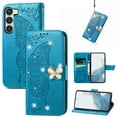 thumbnail image 1 of Feishell for Samsung Galaxy S22 Wallet Case for Women Girls,Bling Diamond Butterfly Embossed PU Leather Magnetic Clasp Flip Kickstand ID Credit Card Slots Phone Case with Wrist Strap,Blue, 1 of 9