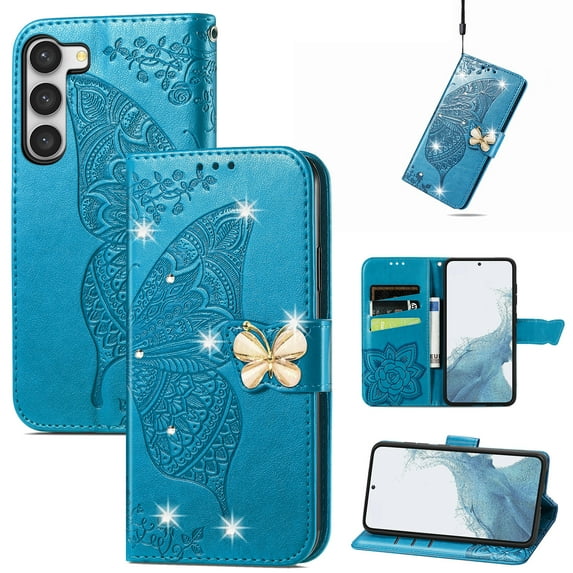 Feishell for Samsung Galaxy S22 Wallet Case for Women Girls,Bling Diamond Butterfly Embossed PU Leather Magnetic Clasp Flip Kickstand ID Credit Card Slots Phone Case with Wrist Strap,Blue