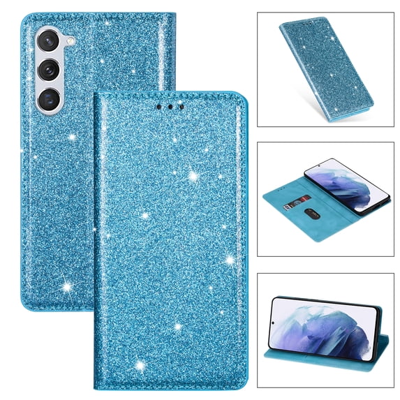 Feishell for Samsung Galaxy S23 6.1 inch Wallet Case,Fashion Bling Glitter PU Leather Magnetic Closure Folio Card Slot Flip Kickstand Slim Phone Case for Women Girls,Skyblue