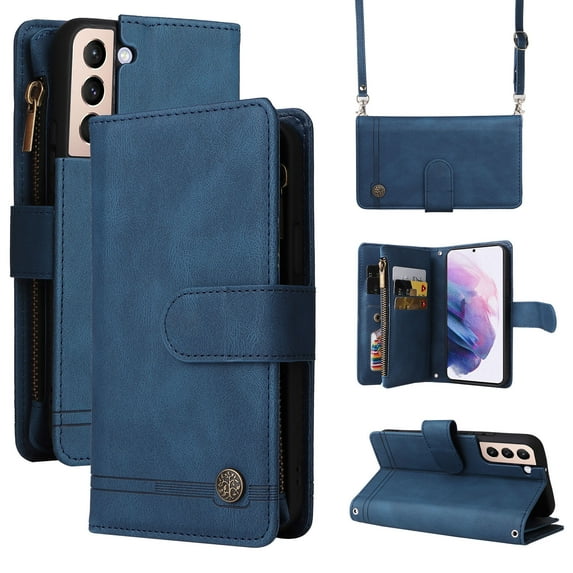 Feishell for Samsung Galaxy S23+ 6.6 inch Zipper Wallet Case with Wrist Strap & Shoulder Strap,Premium PU Leather Magnetic Clasp Flip Holder Card Slots Crossbody Phone Case for Women Men,Blue