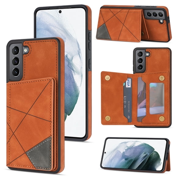 Feishell for Samsung Galaxy S23 Back Flip Case with Credit Card Slots,Shockproof Durable PU Leather Magnetic Button Adjustable Kickstand Wallet Phone Case for Women Men,Brown