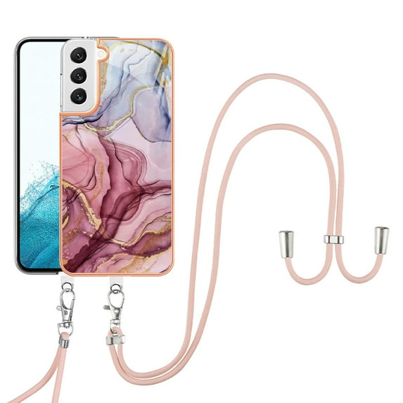 Feishell for Samsung Galaxy S23 Case with Detachable Crossbody Strap, Fashion Marble Pattern Glossy Cover for Women Girls, Slim Fit Anti-Scratch Phone Case for Samsung Galaxy S23,Rose-carmine