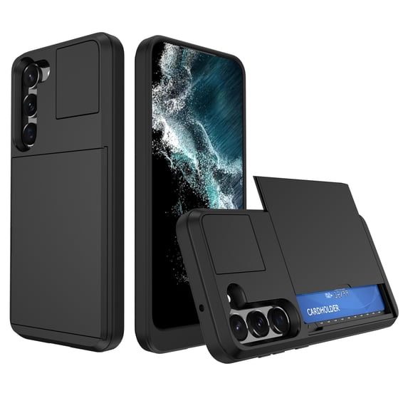 Feishell for Samsung Galaxy S23 Case with ID Credit Card Holder, Dual Layer Shockproof Hidden Sliding Card Slot Wallet Anti-Scratch Hard Shell Back Cover Slim Phone Case,Black