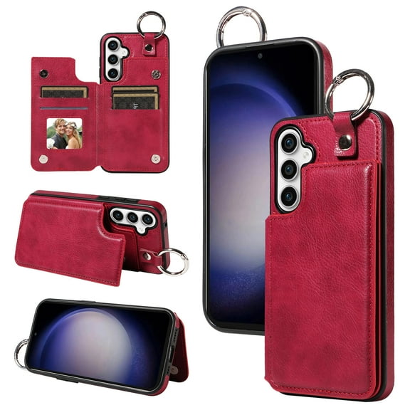 Feishell for Samsung Galaxy S23 FE Back Flip Wallet Case with ID Credit Card Slots & Metal Ring, Premium PU Leather Shockproof Magnetic Buckle Flip Kickstand Phone Case for Women Men,Red