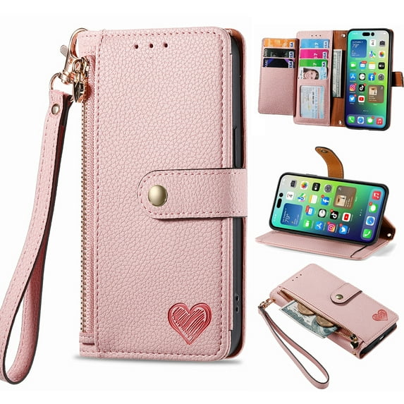 Feishell for Samsung Galaxy S23 FE Case,RFID Blocking Wallet Case for Women Men,Premium PU Leather Credit Card Holder Zipper Pocket Magnetic Buckle Flip Kickstand Phone Case with Wrist Strap,Pink